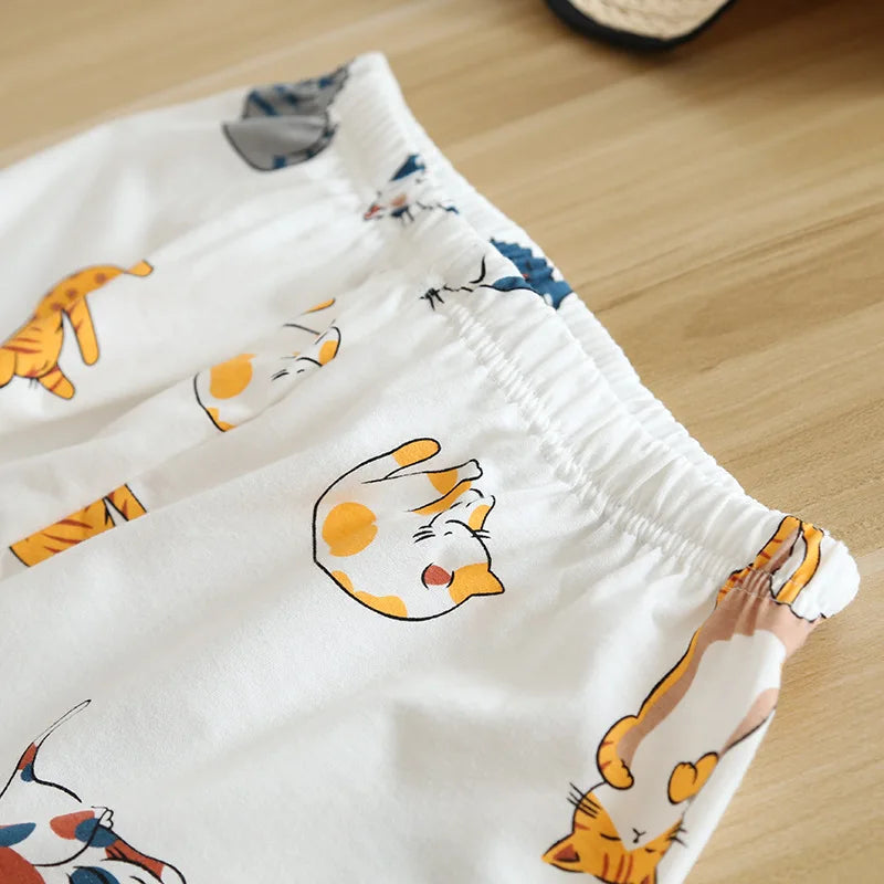 Women's Japanese Style 100% Cotton Cartoon Pajama Set | Short Sleeve & Shorts Sleepwear