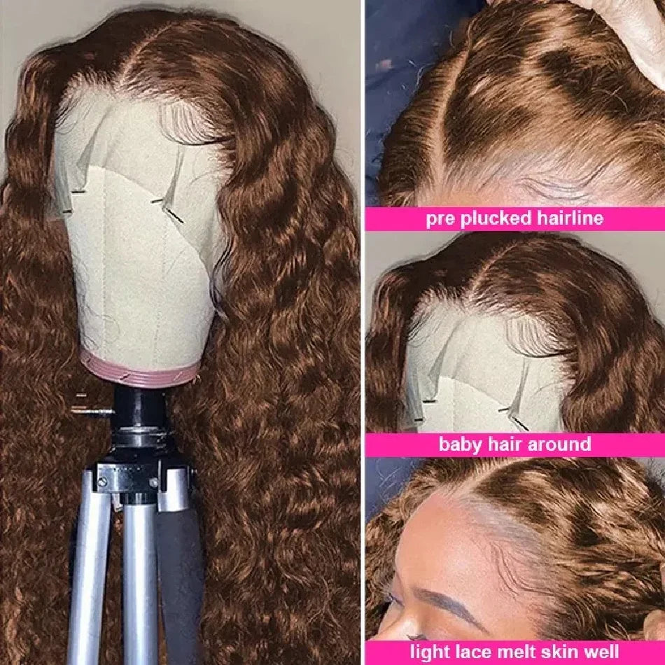 Chocolate Brown Curly 13x4 Lace Front Wig Human Hair Water Wave Brazilian Wig HD Lace 36 Inch for Women 13x6 Frontal Wig