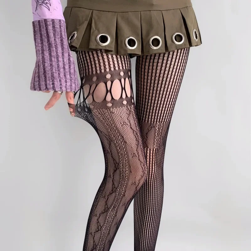 Gothic Fishnet Pantyhose – Ripped Lace Silk Stockings Y2K Punk Hollowed-Out Retro Tights