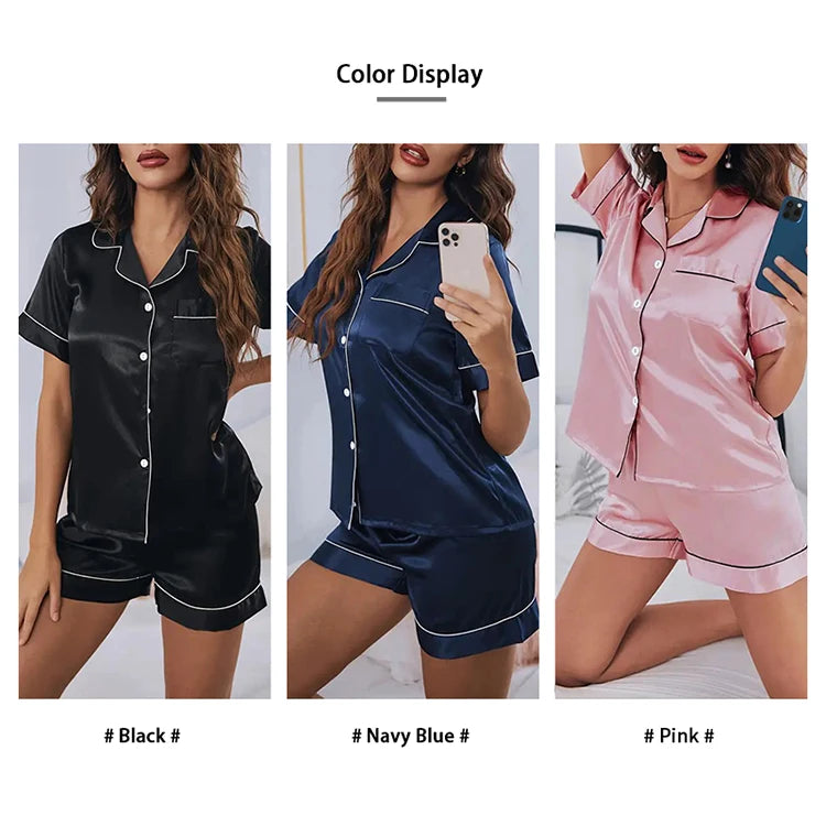 Women's Satin Button Down Pajama Set | 2-Piece Silk Sleepwear Top & Shorts