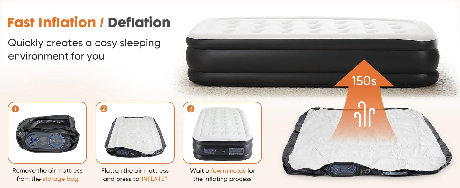 JHK Double-Height Air Mattress – 660 lbs Capacity, Non-Slip Bottom, Queen & Twin, Home & Camping