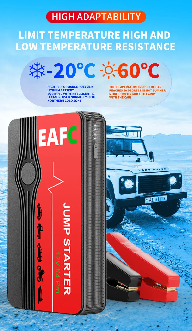 EAFC Portable Car Jump Starter — 600A–2000A Peak, 12V Battery Booster & Power Bank with LED Light