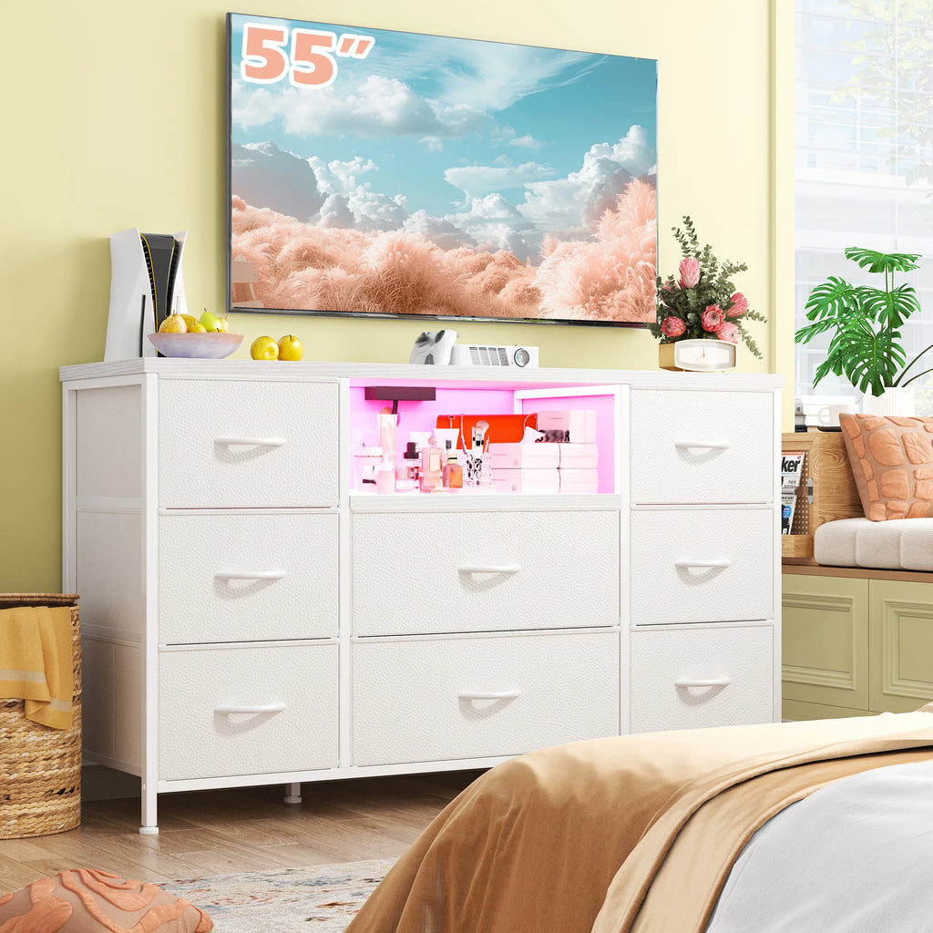 8-Drawer Media Dresser with LED Lighting & Built-In Charging Station — Fabric Storage Cabinet for 55" TVs