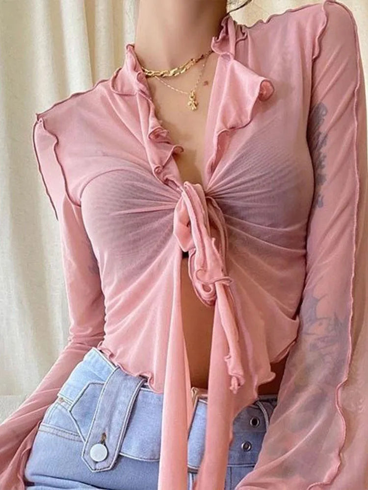 Women's Long Flare Sleeve Blouse – Lace-Up Mesh Korean Fashion Elegant Casual Solid Top