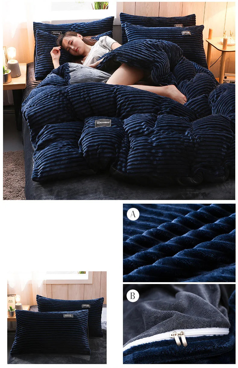 Double-Sided Velvet Duvet Cover Set – Warm Winter 3-Piece Bedding with Zipper & Corner Ties, 11 Colors & 4 Sizes