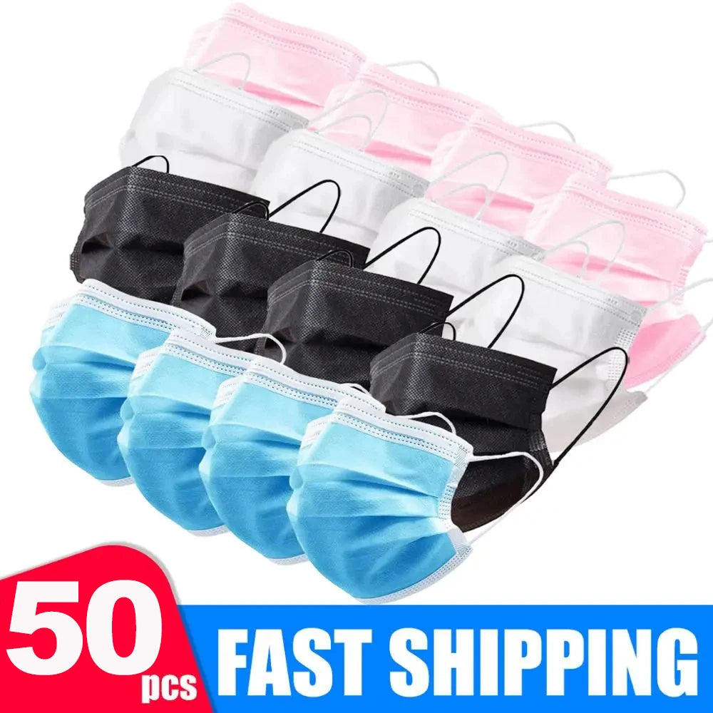 Breathe Easy. Stay Protected. — 3-Layer Disposable Face Masks | 50pcs, Melt-Blown Cloth, Anti-Dust, Earloop, 4 Colors