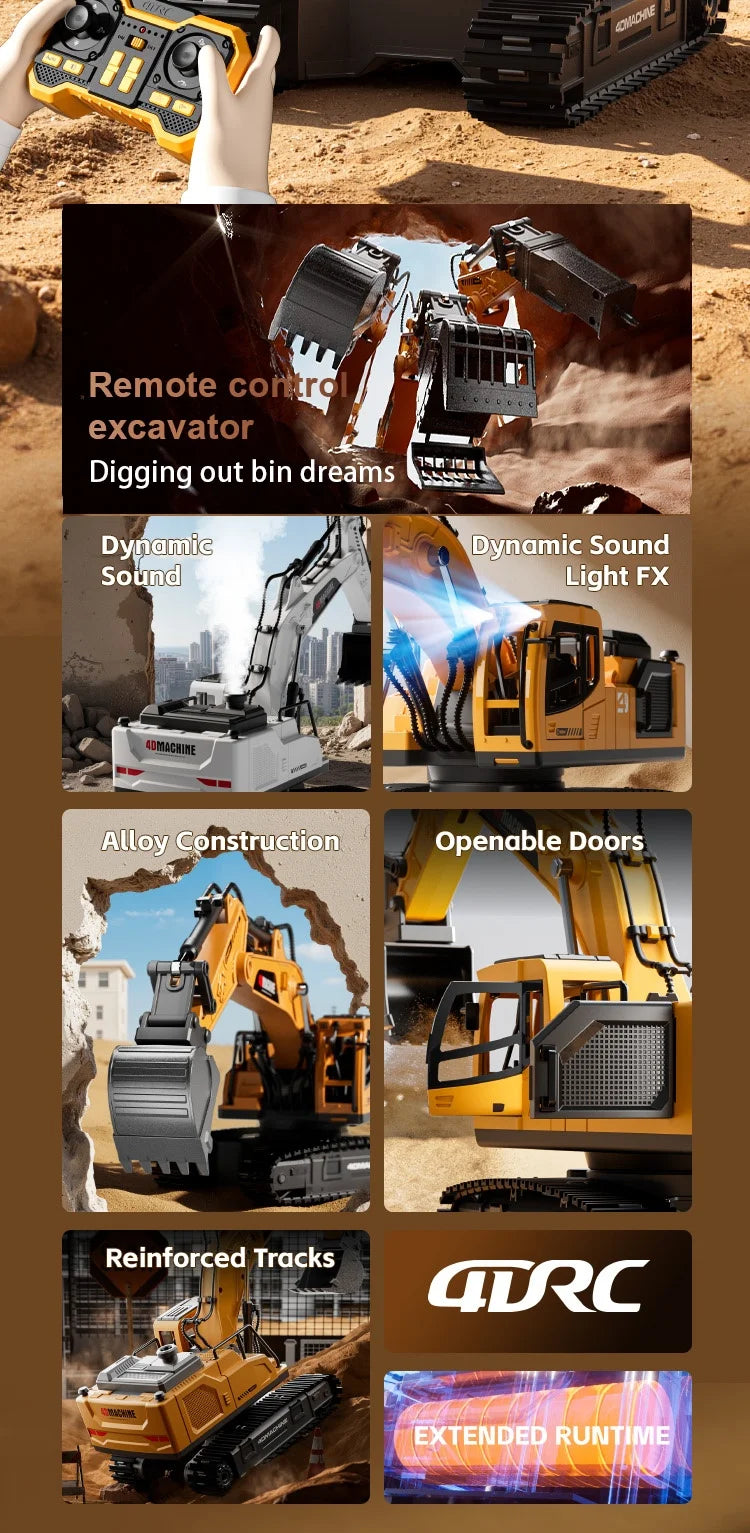 14-Channel 3-in-1 RC Excavator with Mist Spray – Alloy Remote Control Construction Truck