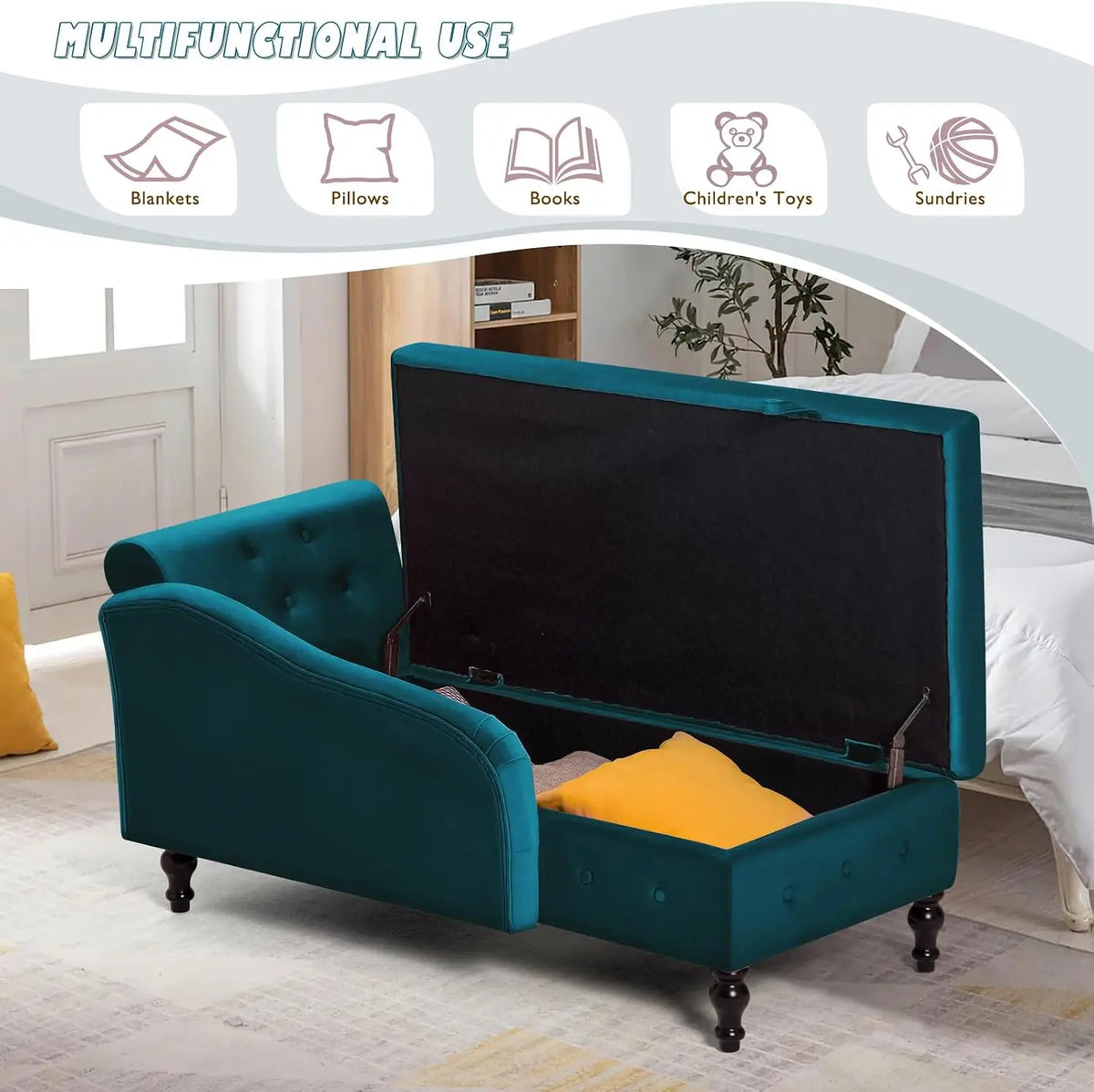 Velvet Storage Chaise Lounge with Right Armrest
