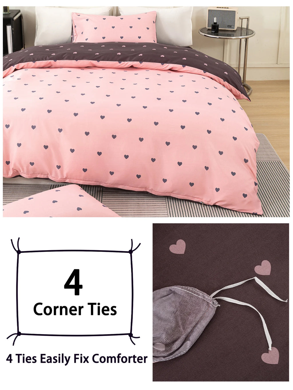 Heart Print Duvet Cover Set – Soft 3-Piece Bedding with 2 Pillowcases, 3 Colors & 11 Sizes