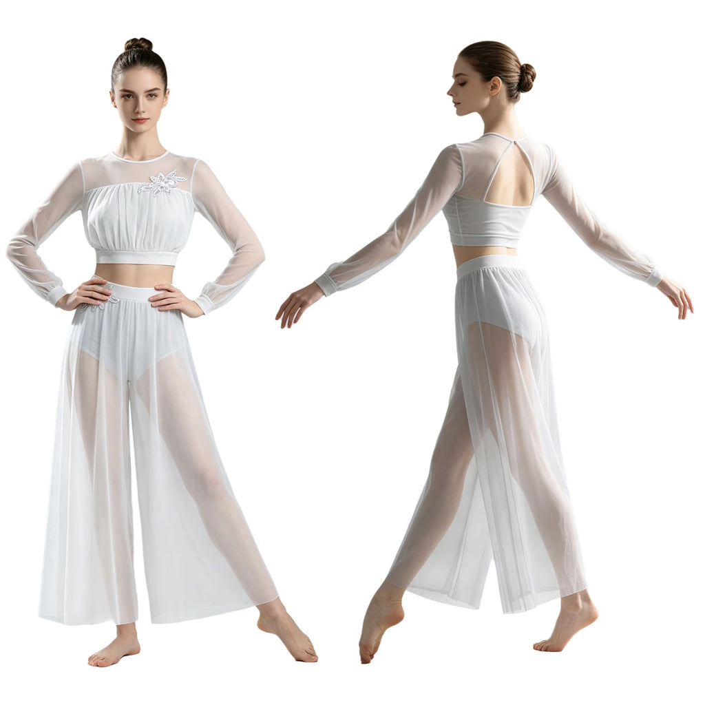 Women's Dance Performance Costume – Shiny Crop Top & Sheer Pants for Skating, Gymnastics & Ballet