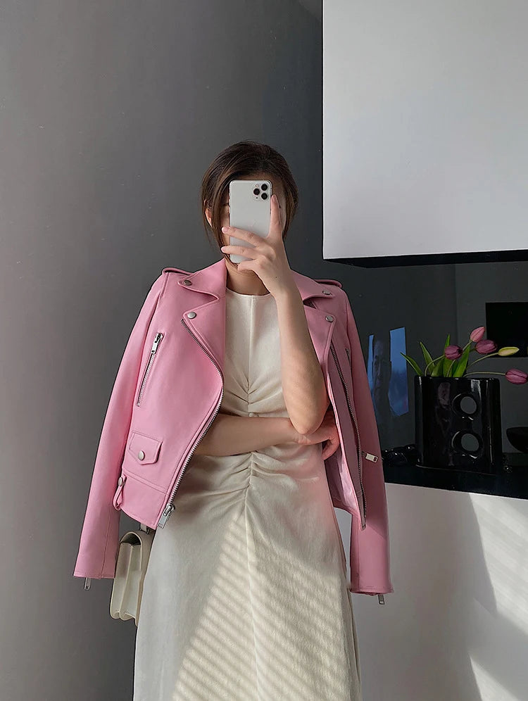 Women's Sheepskin Leather Jacket – Cropped Moto Style