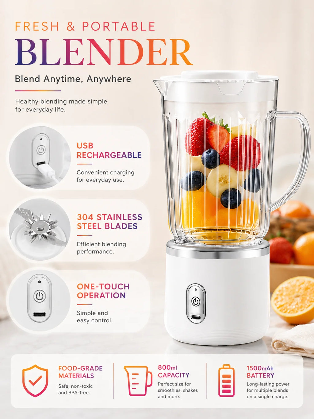 800ml Big Cup Electric Juicer Blender One-Button Operation USB Charging Portable Ice Fruit Smoothie Maker
