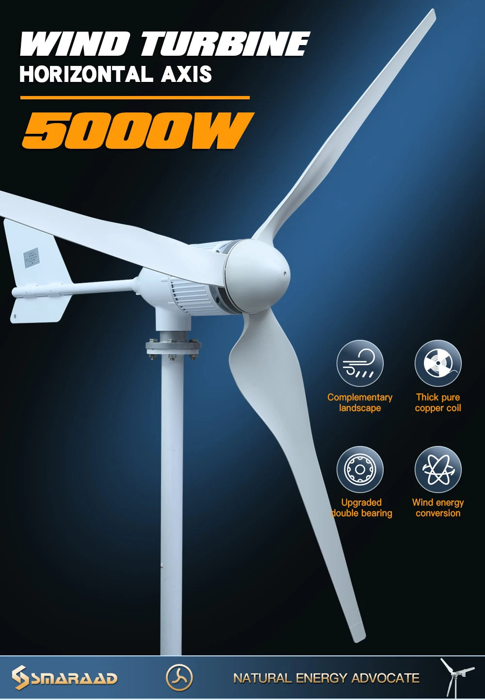 Horizontal Axis Wind Turbine Generator — 2KW / 5KW, 12V-96V, CE Certified Off-Grid for Home Use