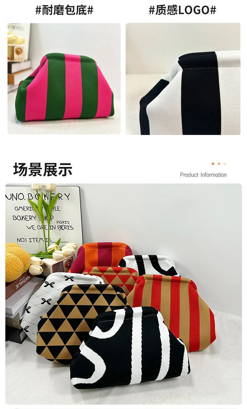 Woven Crochet Cotton Clutch Bag – Colorblock Knit Dumpling Cloud Purse for Women