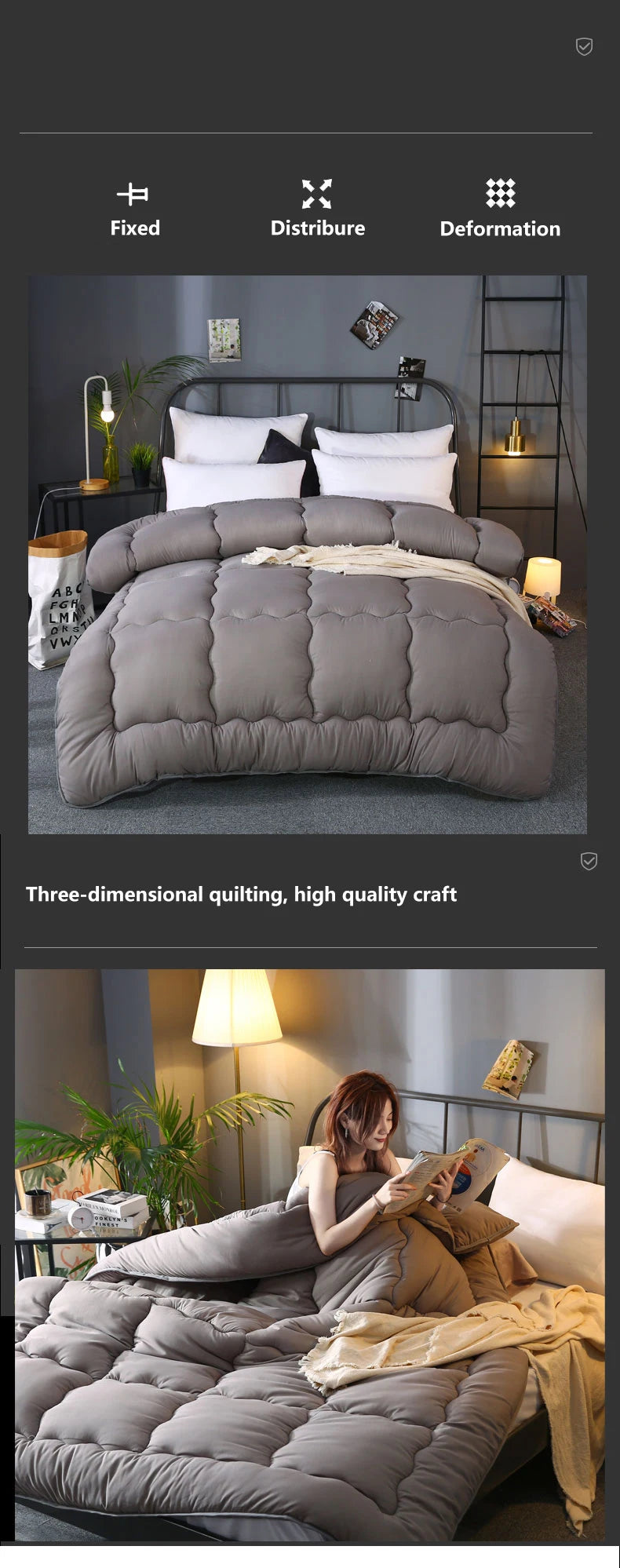 Thick Winter Hotel Quilt Comforter – Grey Quilted Blanket, Queen & King, 220x240cm
