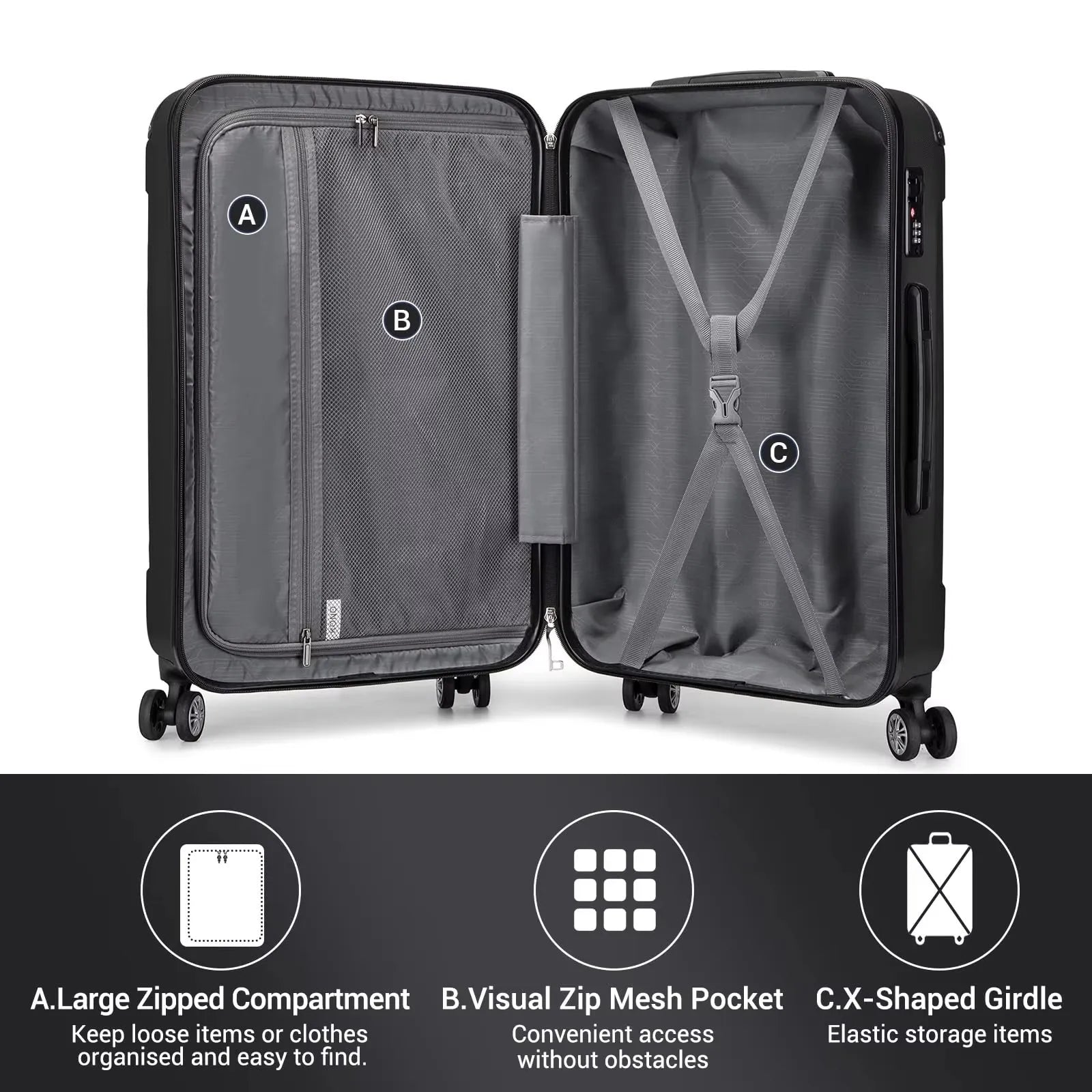 Kono ABS Hard Shell Spinner Luggage — 4-Wheel 360° Trolley Suitcase (19"/24"/28")