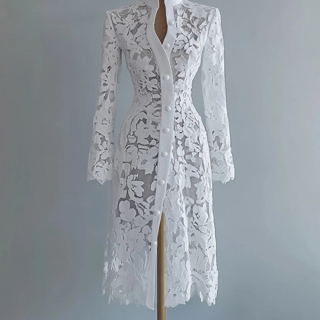 Stand Collar Long Sleeve Lace See-Through Midi Dress — Elegant Sweet Single-Breasted Dress