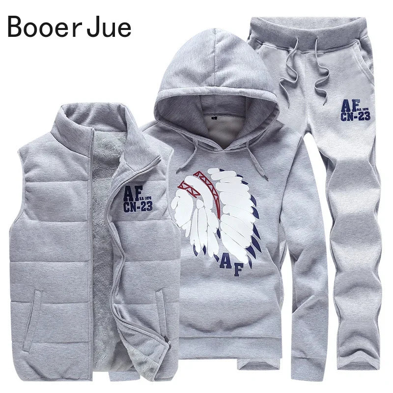 Men's 3-Piece Winter Tracksuit – Hoodie, Vest & Pants Thick Warm Set