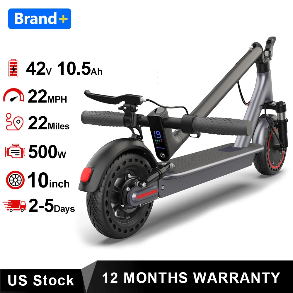 Gray electric scooter with 500W motor, 22 MPH speed, 22-mile range, 42V battery and 10-inch tires.