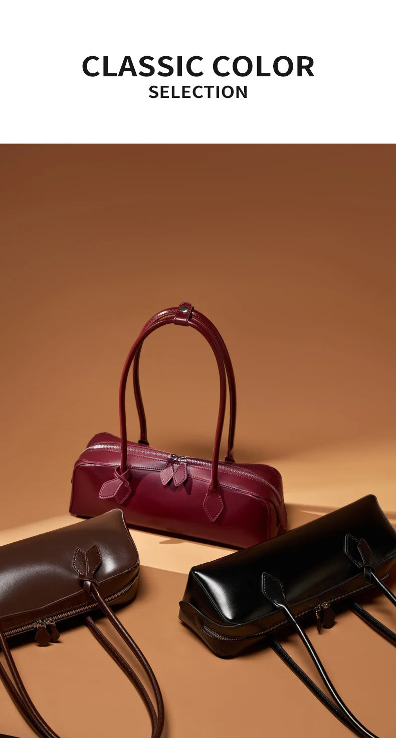 Vintage Genuine Leather Baguette Shoulder Bag – Korean Luxury Underarm Handbag for Women