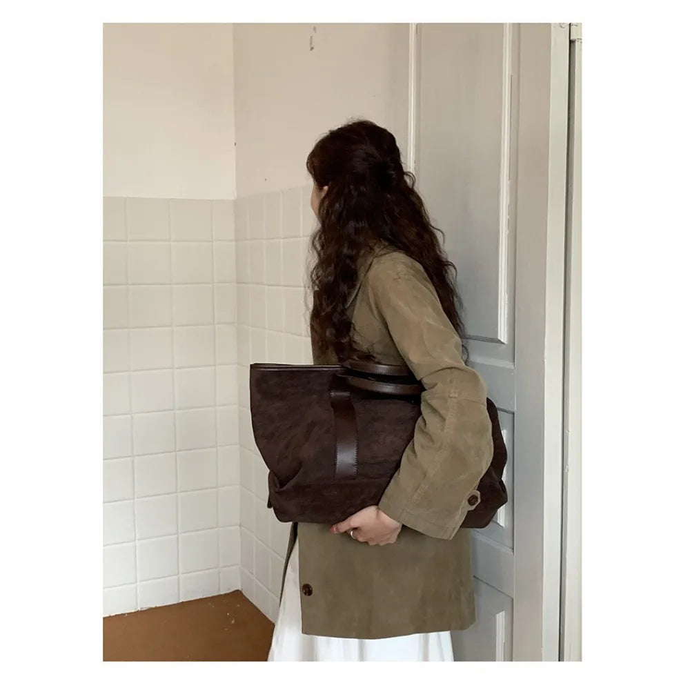 Large Capacity Retro Faux Suede Shoulder Tote Bag – Luxury Commuter Travel Handbag for Women
