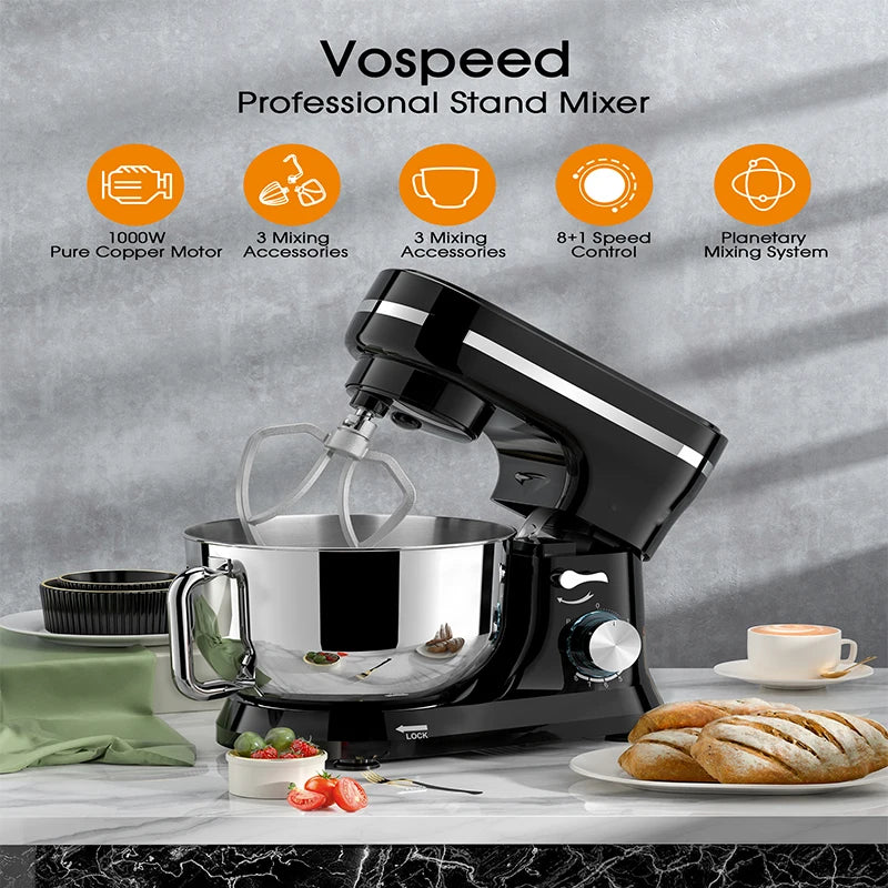 1000W Stand Mixer & Food Processor – 8+P Speed Electric Blender, Egg Whisk, Desktop Kitchen Mixer with Bowl