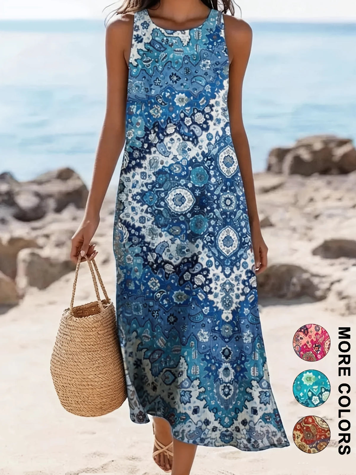 Women's Bohemian Floral Sleeveless MIDI Sundress with Pockets – Loose Sweetheart Beach Dress 2026