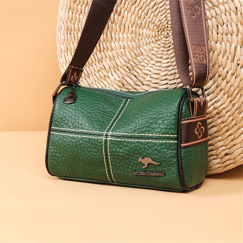 Luxury Genuine Leather Barrel Crossbody Bag – Sequin Shoulder Messenger Bag for Women