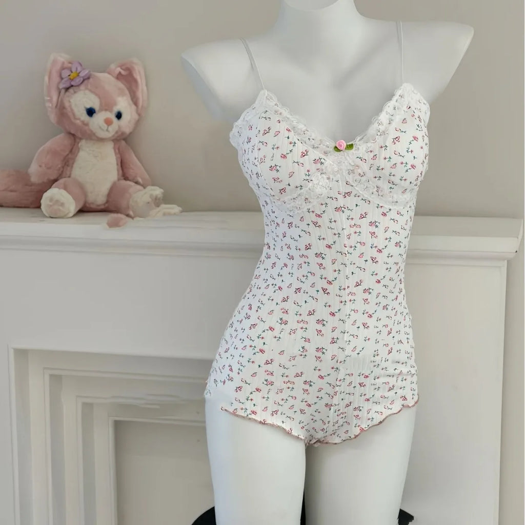Floral Print Lace Bodysuit – Sleeveless Slim Fit Leotard Romper for Women