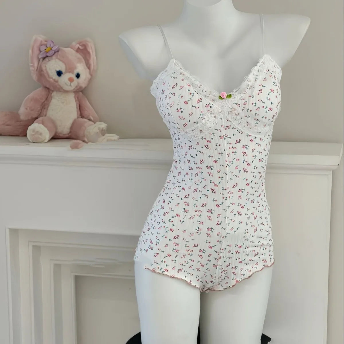 Floral Print Lace Bodysuit – Sleeveless Slim Fit Leotard Romper for Women
