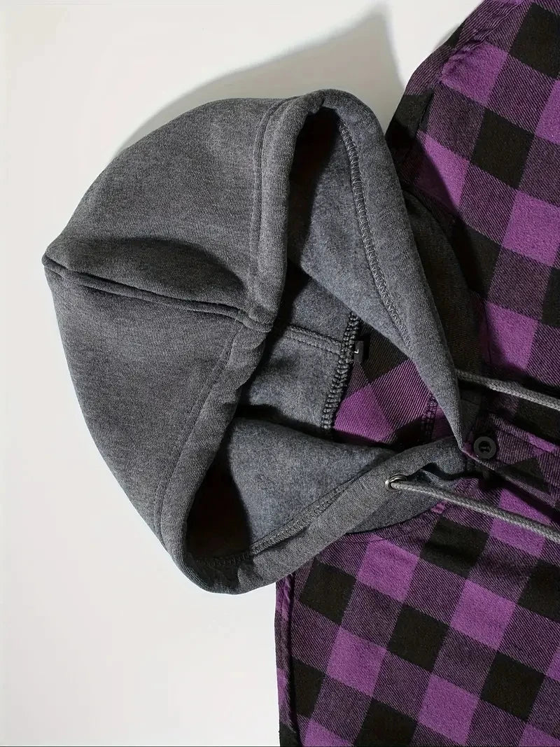 Men's Hooded Plaid Shirt Jacket – Casual Long-Sleeve Layer