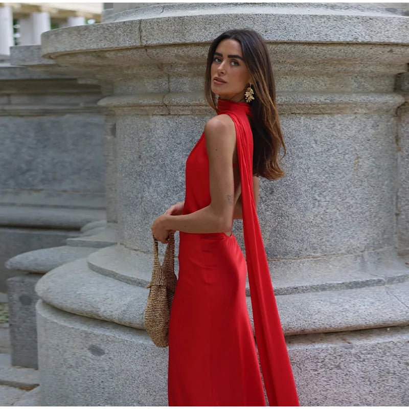 Sexy Satin Halter Backless Party Dress – Off Shoulder Sleeveless Solid Robe Gown 2026