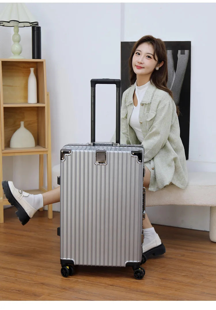 Aluminum Frame Leather Trolley Case — 20"/24"/26"/28" Universal Wheels