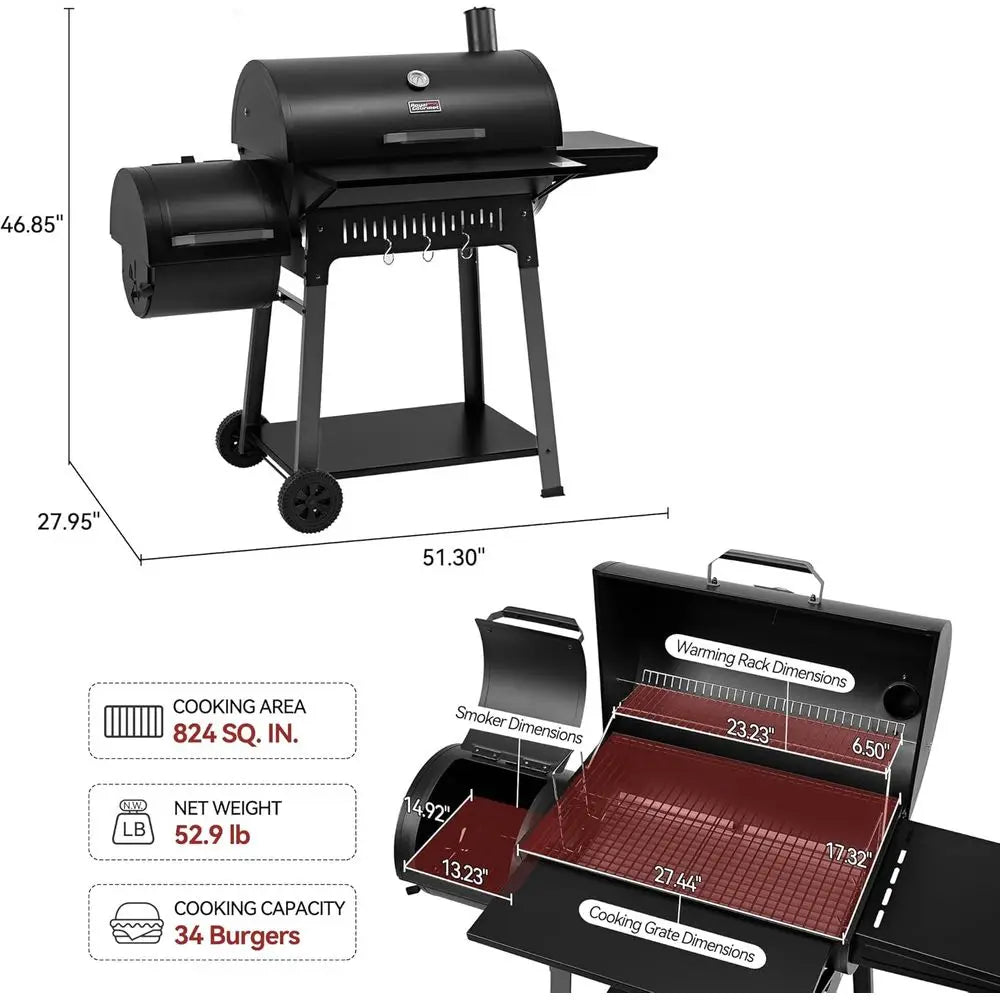 Large 824 Sq. In. Charcoal Grill with Offset Smoker | Tool Hooks, Bottom Shelf, Adjustable Charcoal Pan, Molded Wheels