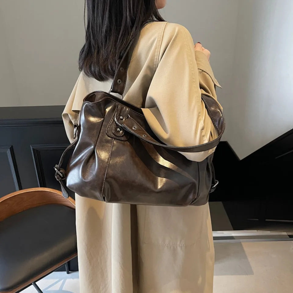 Retro Luxury PU Leather Tote Bag – Large Capacity Solid Color Crossbody Shoulder Bag for Women