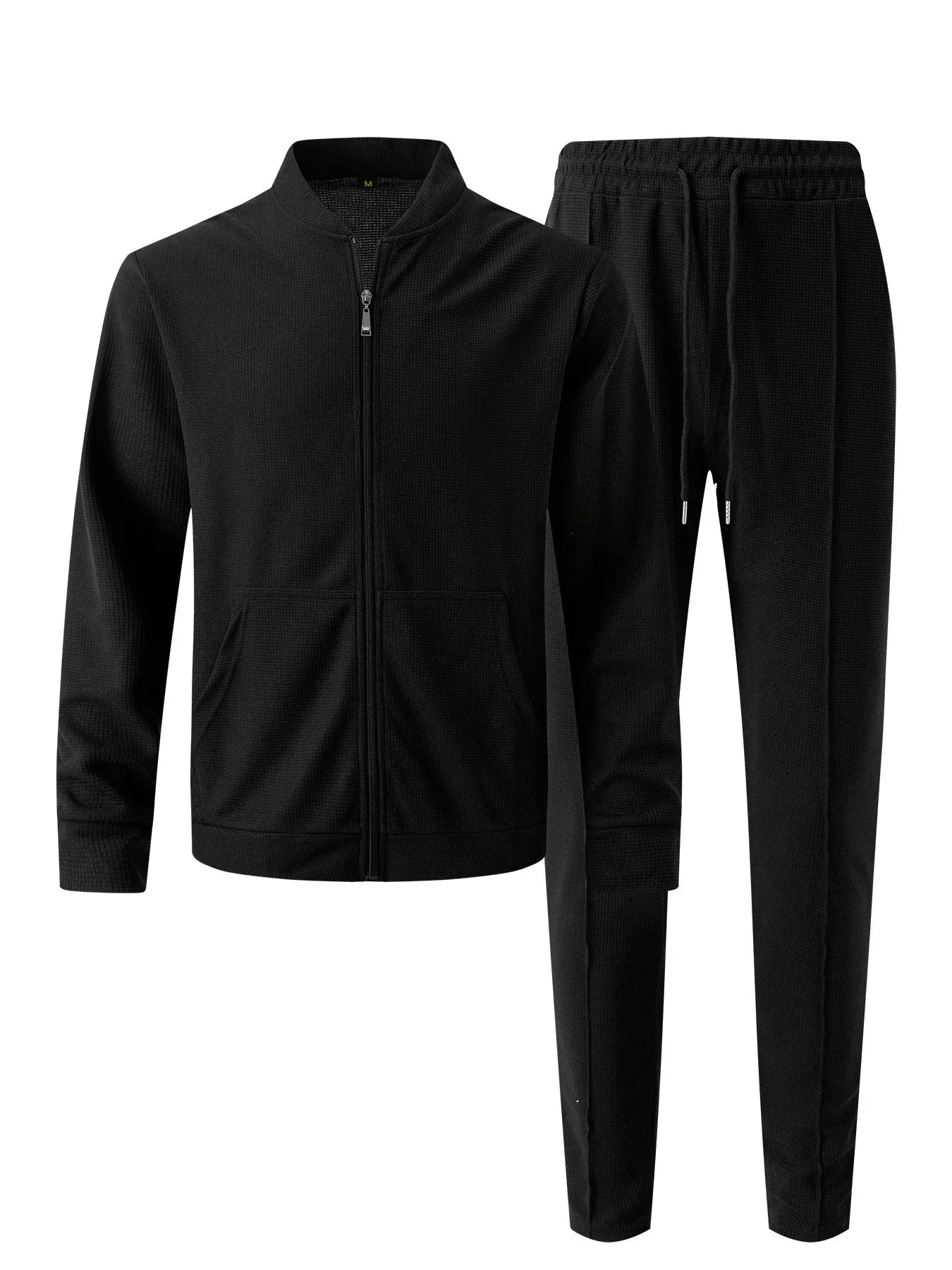 Men's Solid Color Waffle Knit Baseball Tracksuit – Stand Collar Zip Jacket & Drawstring Pants