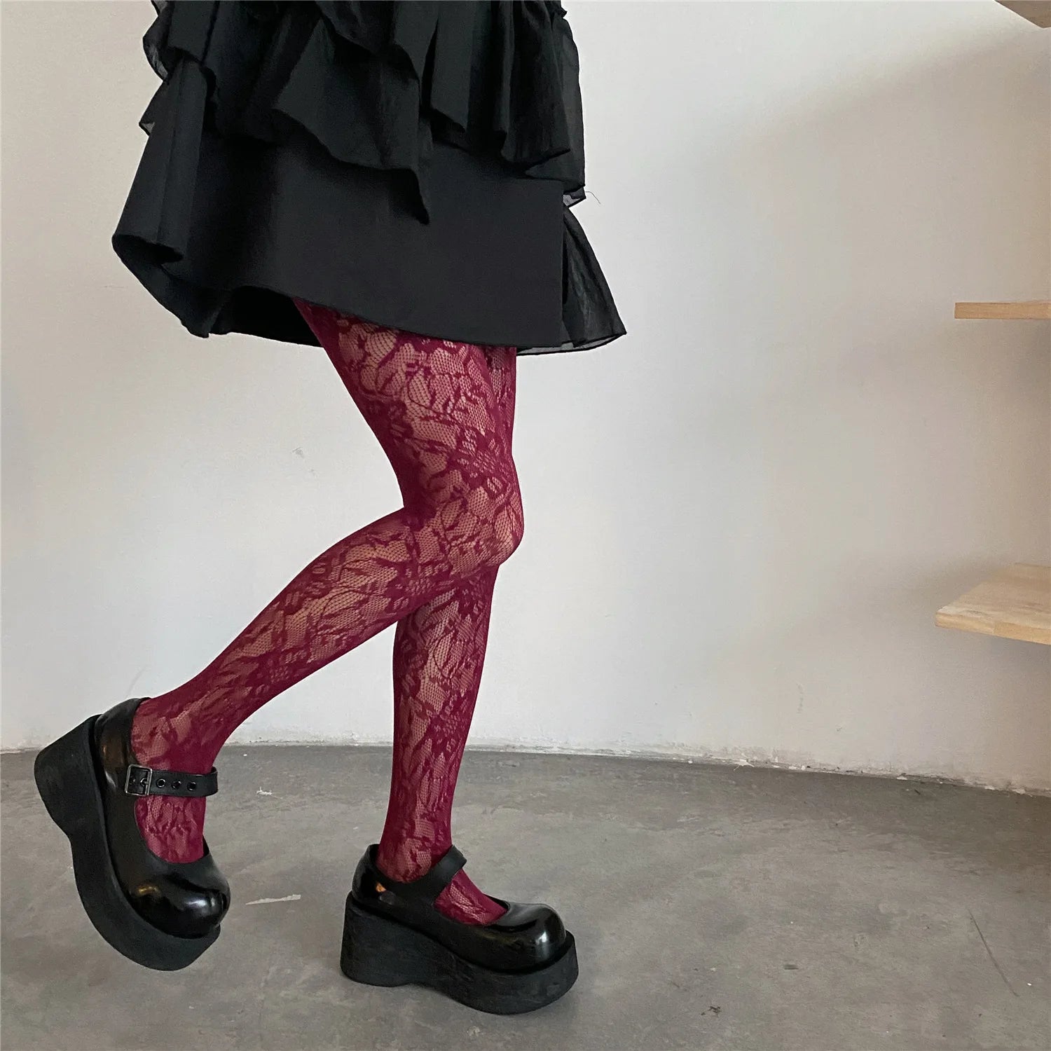Lolita Floral Thigh-High Fishnet Stockings — Sheer Patterned Hosiery