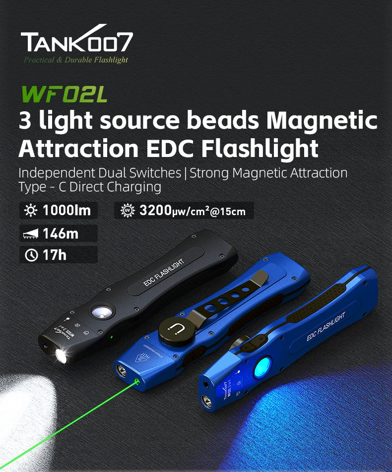 TANK007 WF02L 3-in-1 EDC Flashlight – White Light, 365nm UV & Green Laser, Magnetic Rechargeable