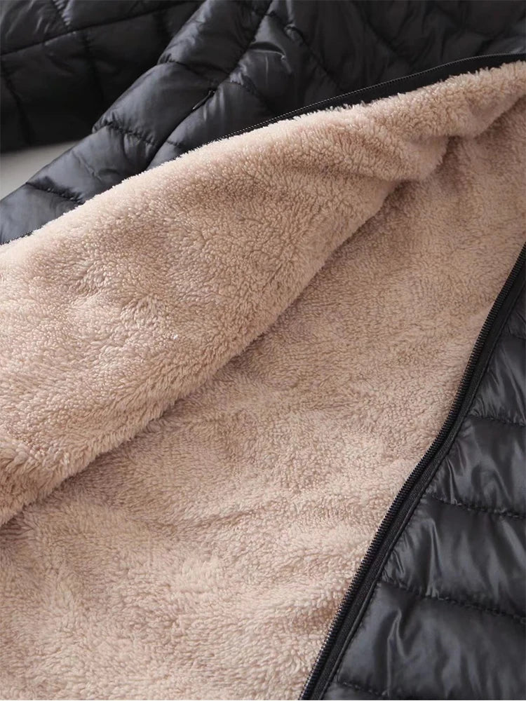 Korean Edition Hooded Women's Fleece Jacket – Mid-Length Warm Parka Coat