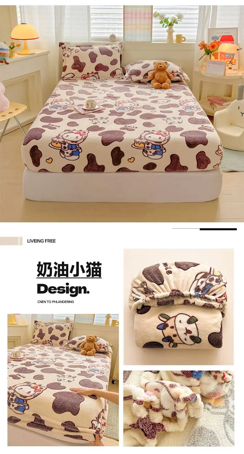 Flannel Fleece Fitted Bed Sheet – Warm Cartoon Purple, Elastic Single to King, Winter Bedsheet