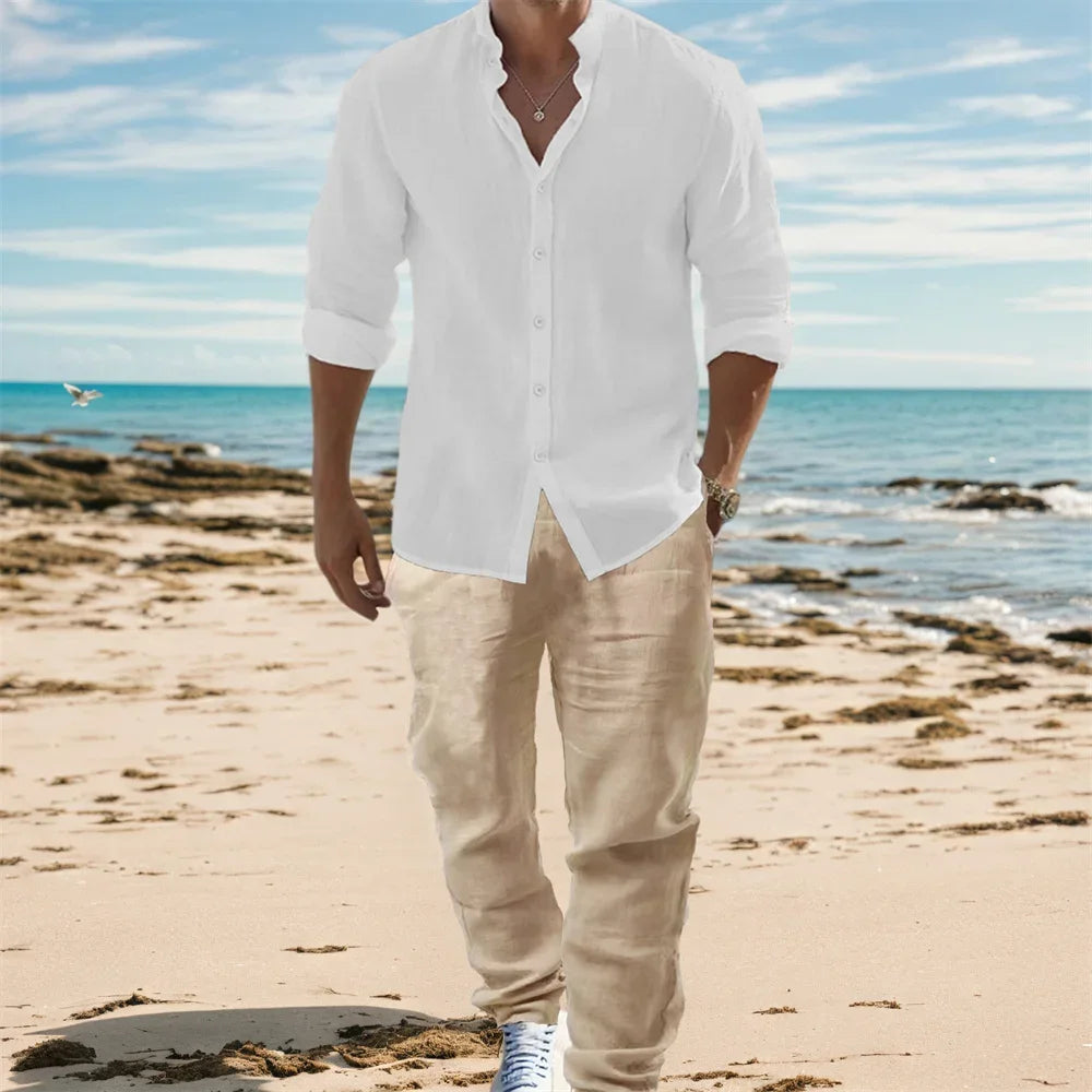 Men's Cotton Linen Long Sleeve Shirt & Pants Set – Lightweight Breathable Vacation Outfit