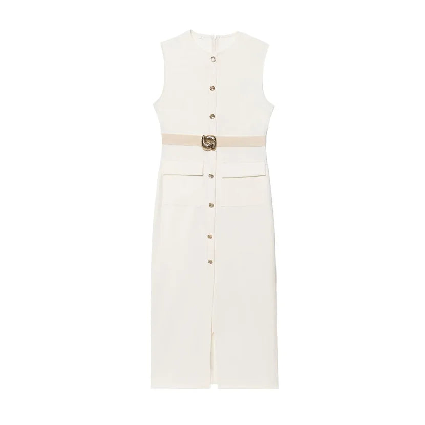 Button-Up Sleeveless Sundress — Slim A-Line Midi Casual Elegant Dress