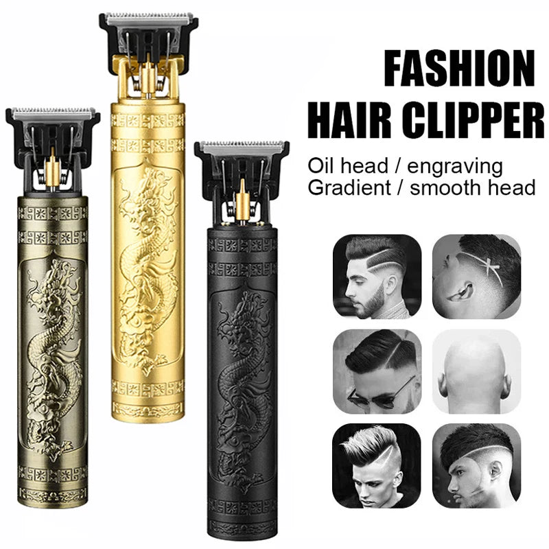XMSJ Vintage Cordless Hair Clipper – USB Fast Charge, 85-Min Runtime, Dragon & Buddha Designs
