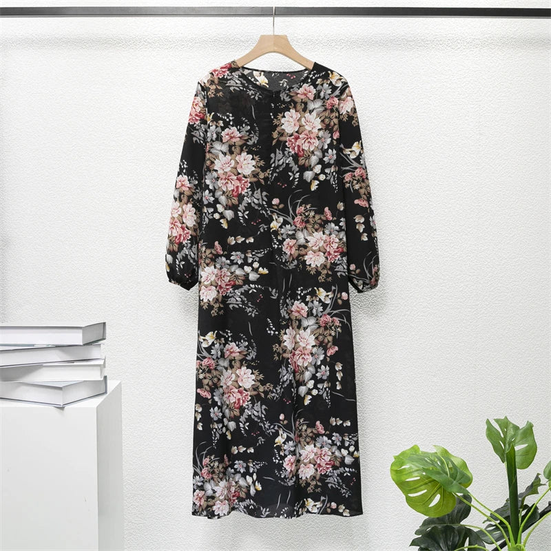 Muslim Floral Printed Full Sleeve Maxi Robe — Loose Modest Long Casual Dress