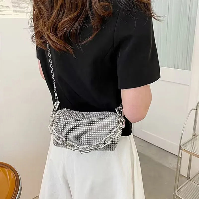 Rhinestone Glitter Mini Crossbody Bag – Chain Prom Purse Pillow Shoulder Bag for Women
