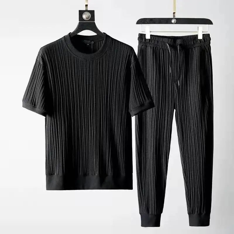 Men's Elastic Pleated Short-Sleeve & Nine-Point Pants Set – Breathable Summer Suit