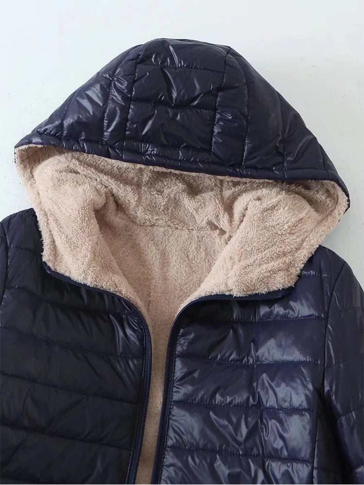 Korean Edition Hooded Women's Fleece Jacket – Mid-Length Warm Parka Coat