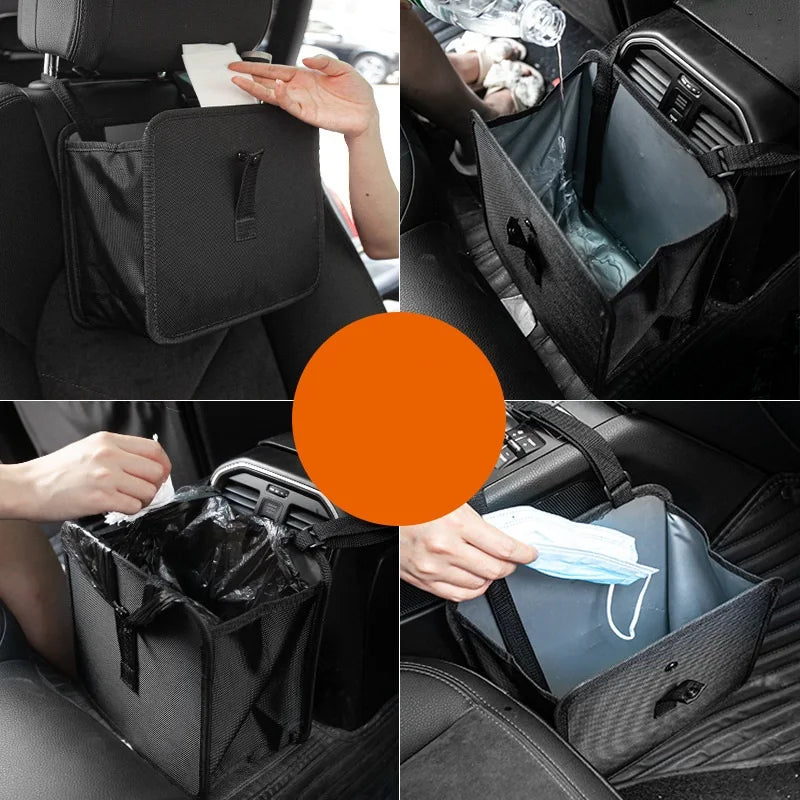 Car organizer with compartments for tissues, snacks, and drinks in a vehicle.