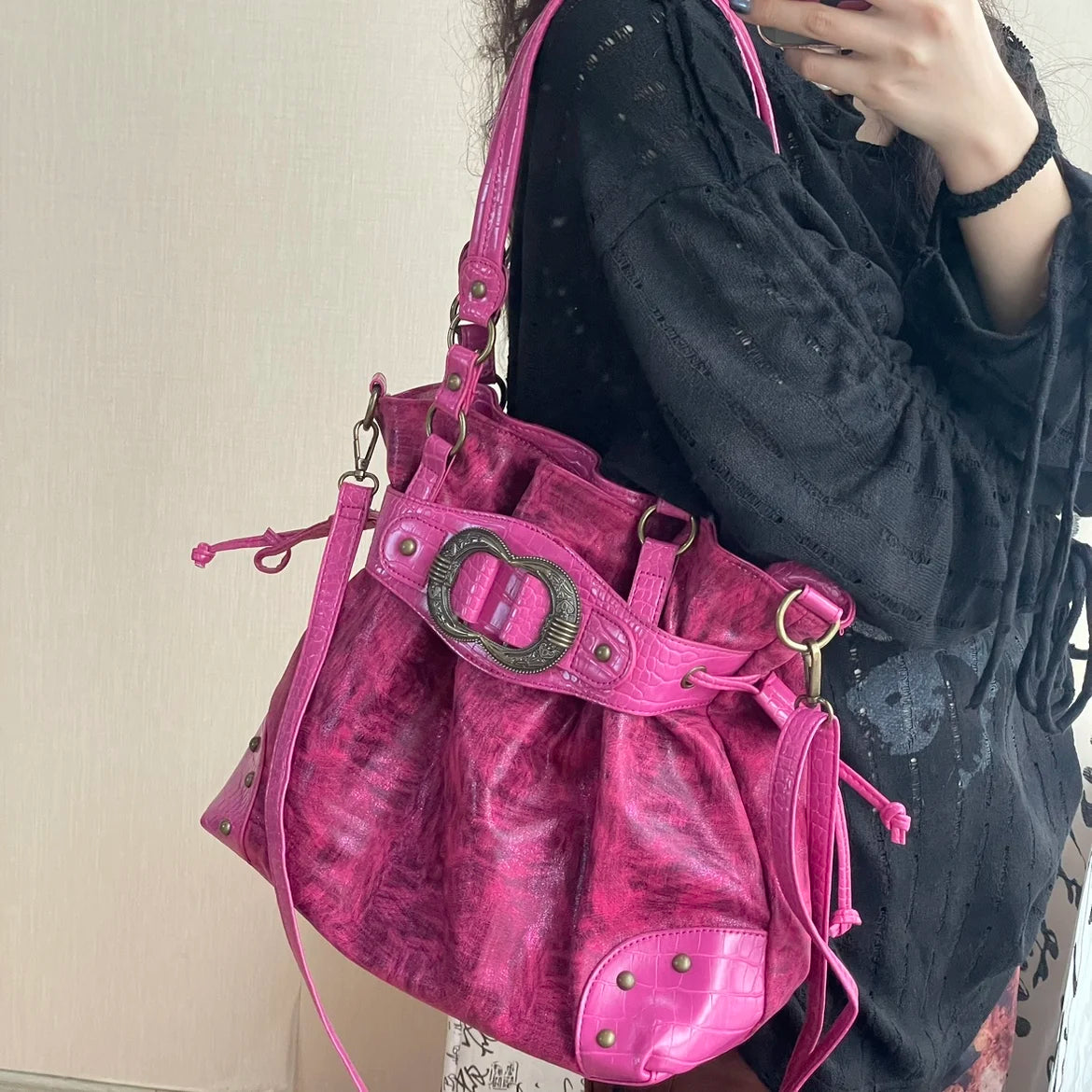 ABQP Vintage Distressed Large Capacity Underarm Tote Crossbody Bag – Designer Shoulder Handbag for Women
