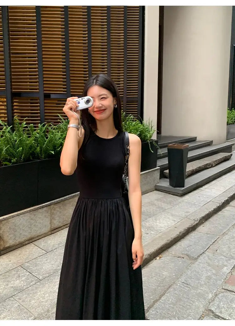 Women's Vintage Black Midi Dress – O-Neck Office Lady Casual Style with Pockets
